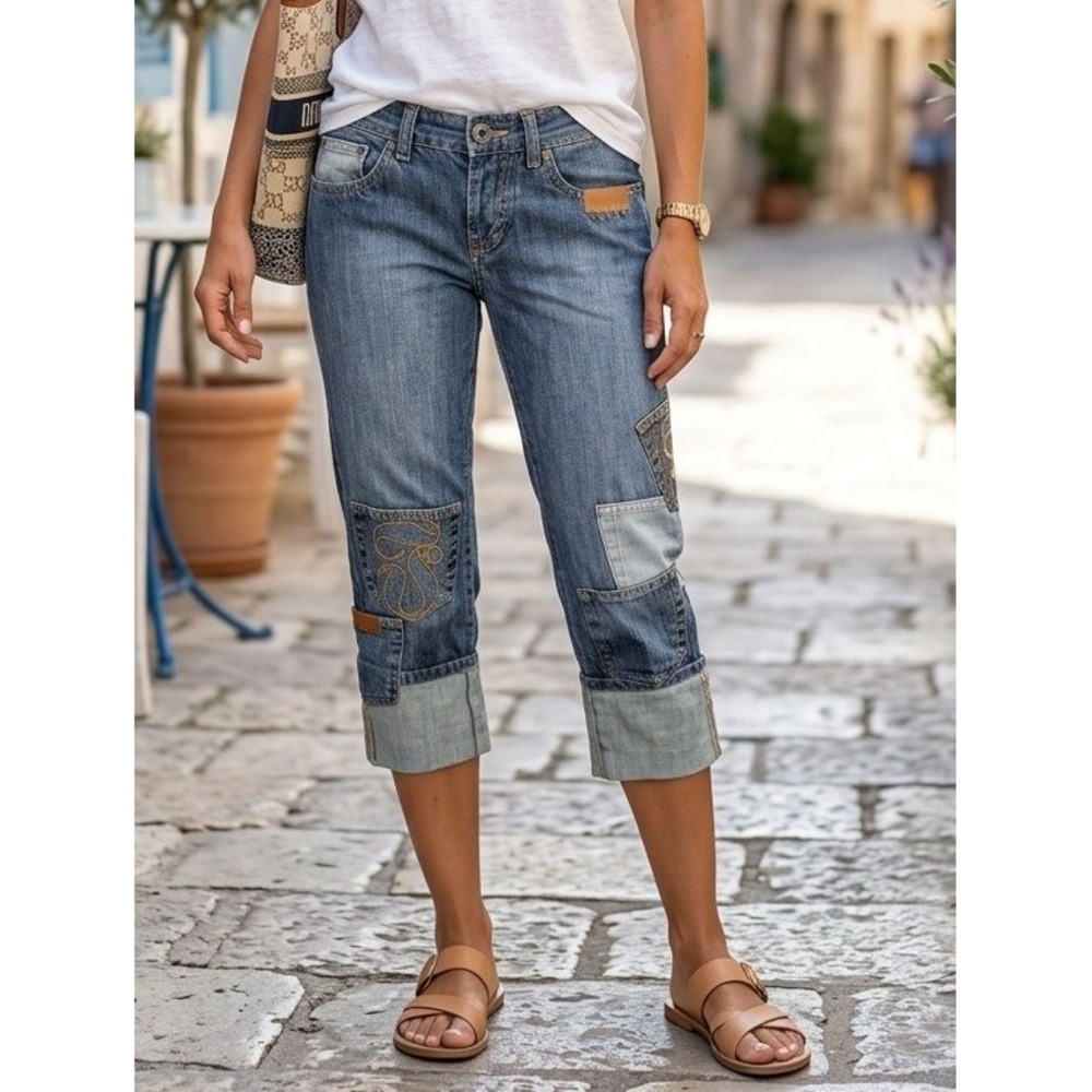 BGN Workshop Patchwork Embroidered Button Fly Cropped Jeans Women's 4 Blue Denim
